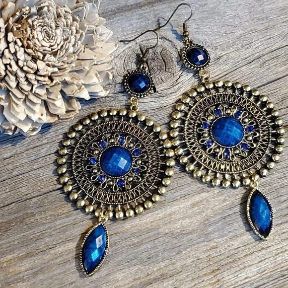 Vintage Neo Victorian Glam Long Faux Stone Dangle Earrings Blue - Picture 1 of 7